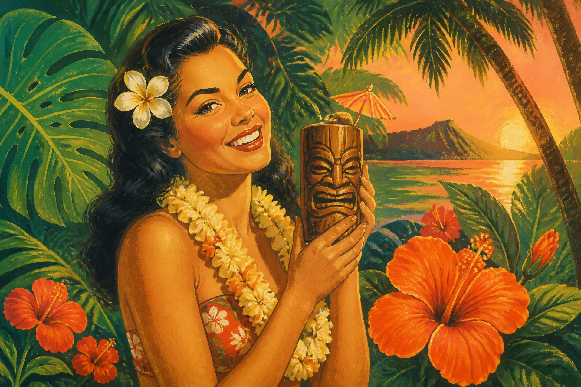 Vintage hula illustration with tropical foliage