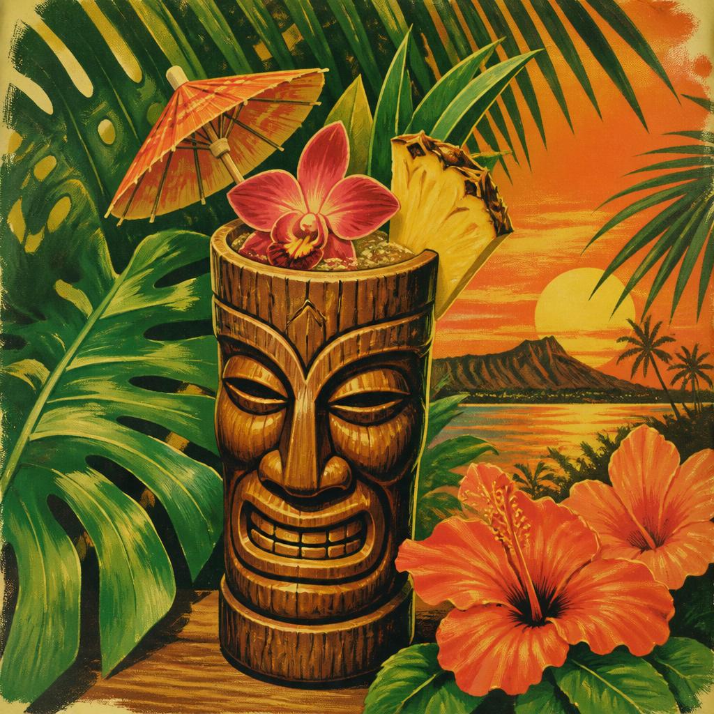 Vintage illustration of a tiki mug cocktail